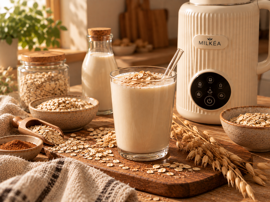 Lait d'avoine maison dans une bouteille en verre